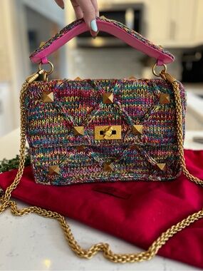 Valentino Multicolor Knit Shoulder Bag with Pink Top Handle and Gold Hardware